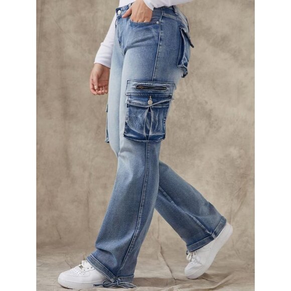 Women Cargo Jeans Drawstring Flap Pockets Low Waist Summer Casual - Picture 5 of 5